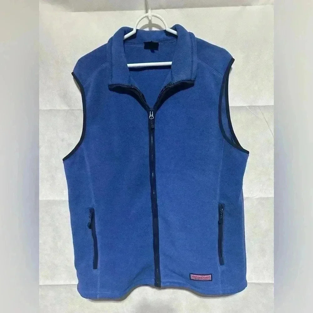 Vineyard Vines Men’s Fleece Vest Blue Black Trim Size Medium Preppy EUC!